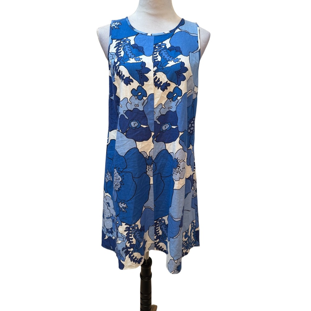 Maggy London Shift Dress Womens Size M Blue Floral Linen‎ Blend Sleeveless